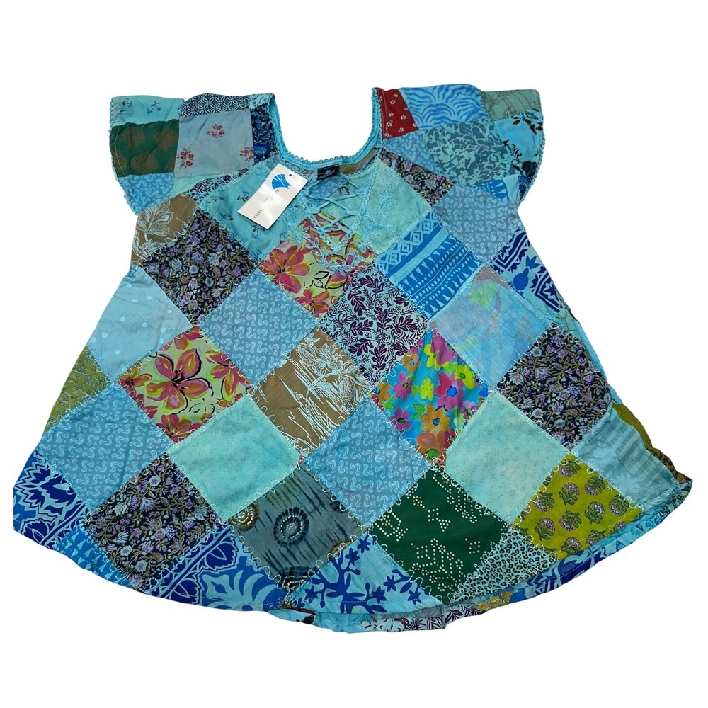 Advance Apparels Patchwork Top Blue Boho Floral Lace Up Short Sleeve OSFM Women